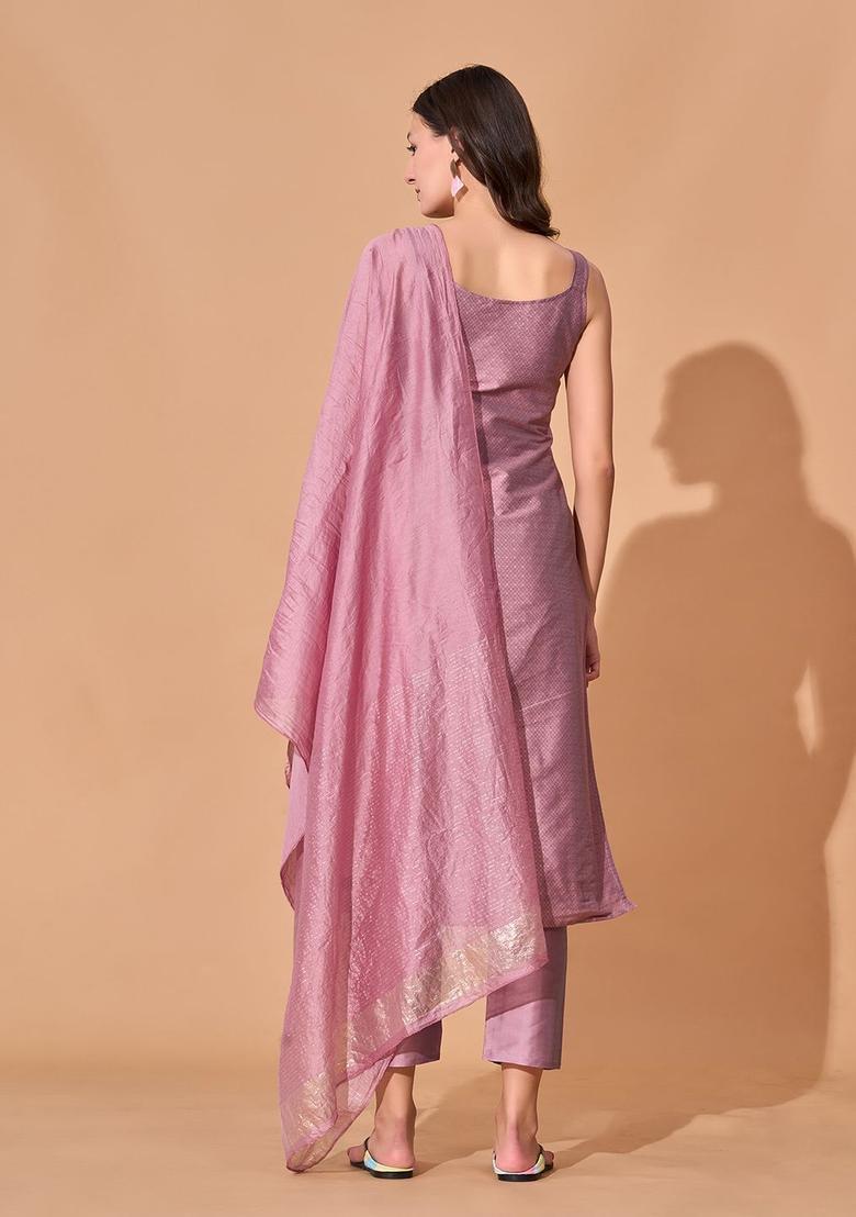 Lavender Woven Design Silk Kurta Set - Indya