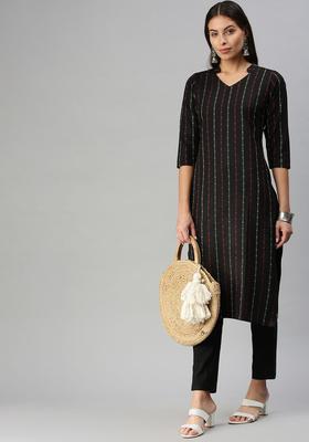 Black Woven Design Cotton Kurta Set
