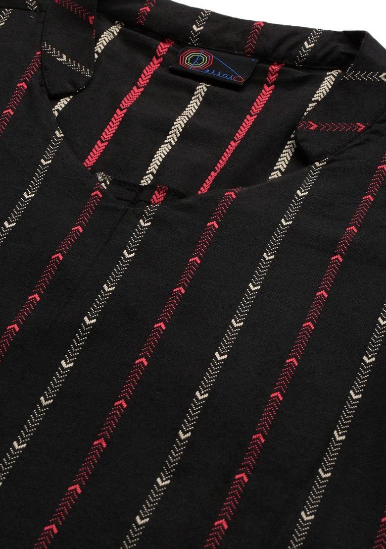 Black Woven Design Cotton Kurta Set - Indya
