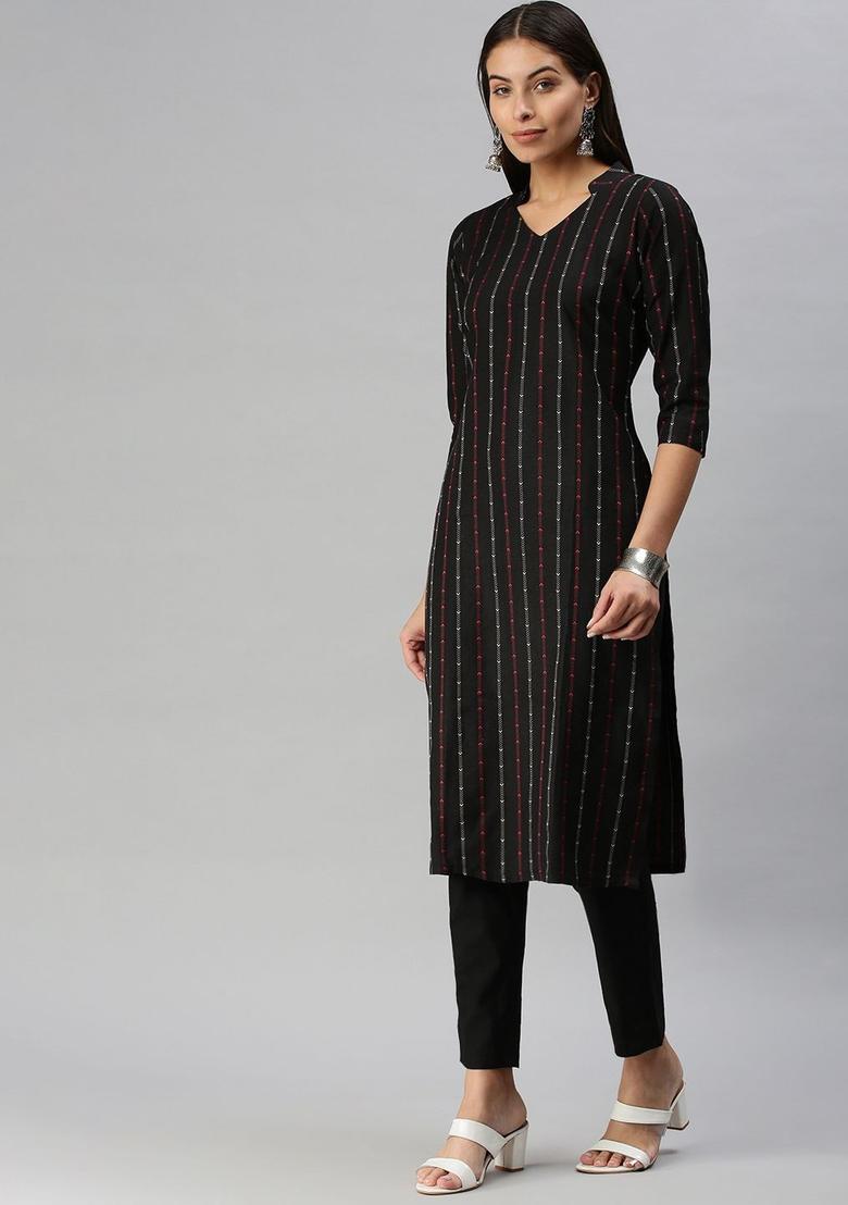 Black Woven Design Cotton Kurta Set - Indya