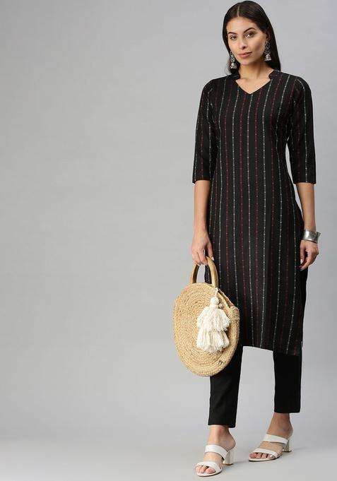 Black Woven Design Cotton Kurta Set