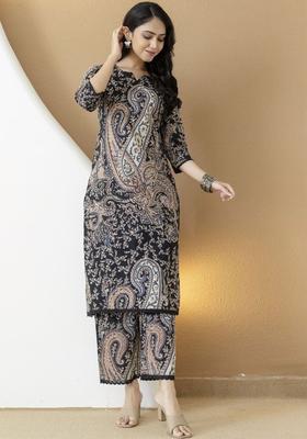 Black Printed Cotton Kurta Set