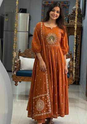 Orange Printed Viscose Anarkali Set