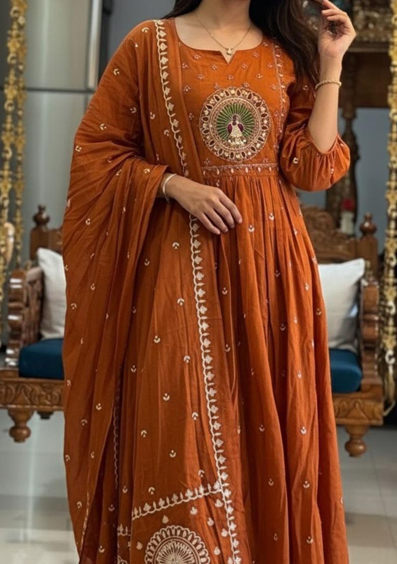 Orange Printed Viscose Anarkali Set - Indya