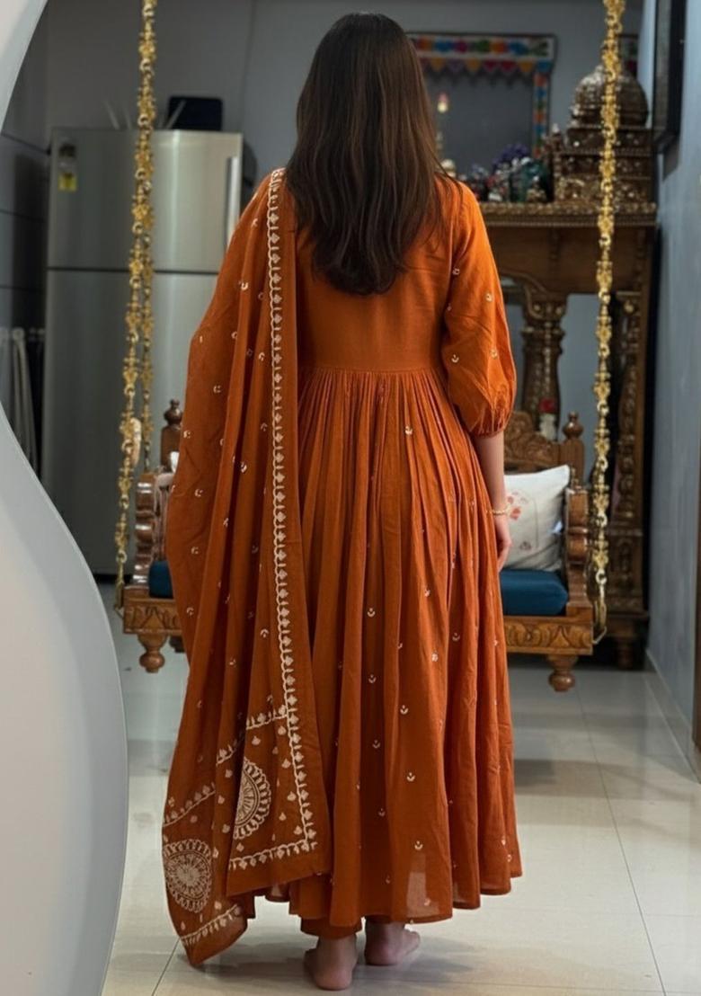 Orange Printed Viscose Anarkali Set - Indya