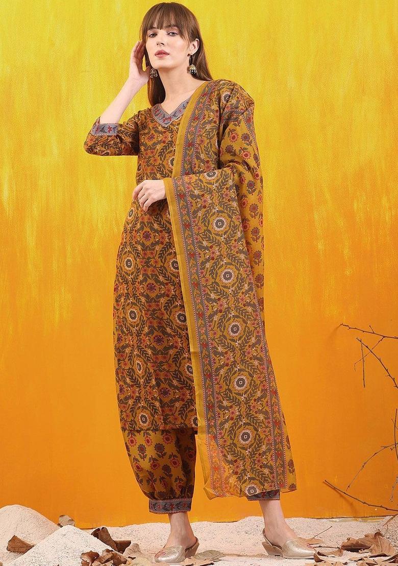 Mustard Printed Viscose Kurta Set - Indya