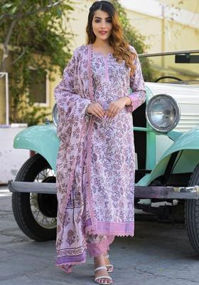 Purple Printed Cotton Kurta Set