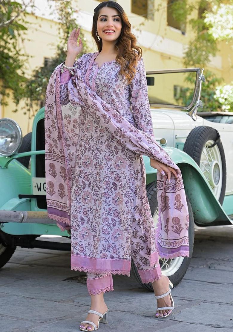 Purple Printed Cotton Kurta Set - Indya