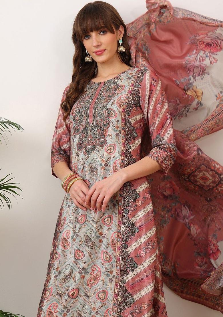 Multi Printed Silk Kurta Set - Indya
