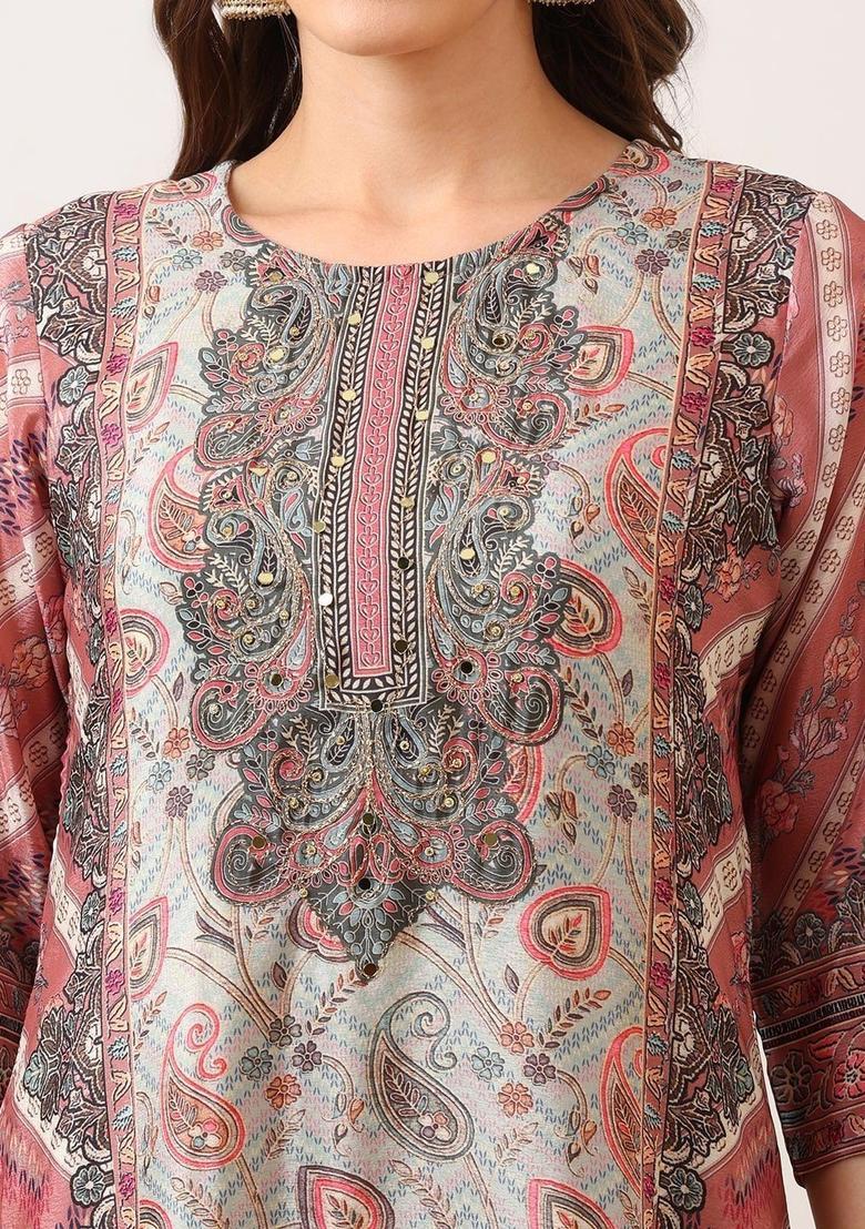 Multi Printed Silk Kurta Set - Indya