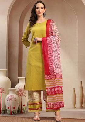Lime Green Self Design Viscose Kurta Set