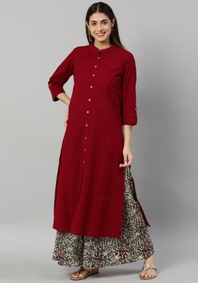 Maroon Solid Cotton Kurta Set