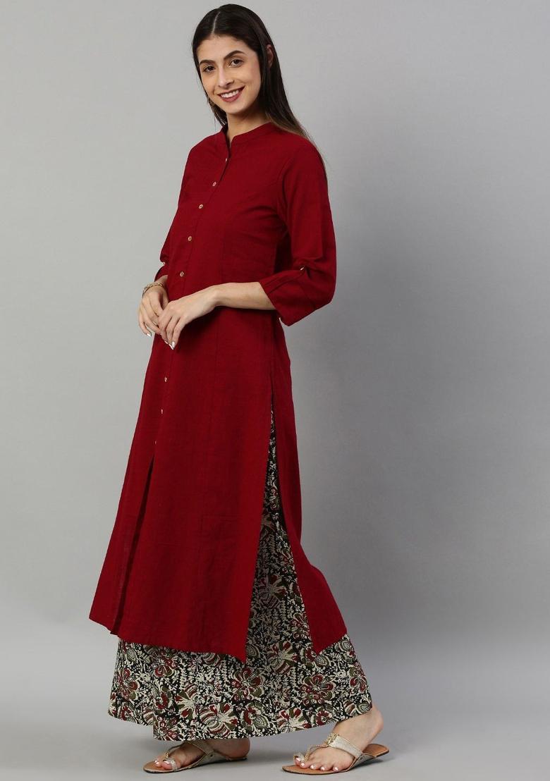 Maroon Solid Cotton Kurta Set - Indya