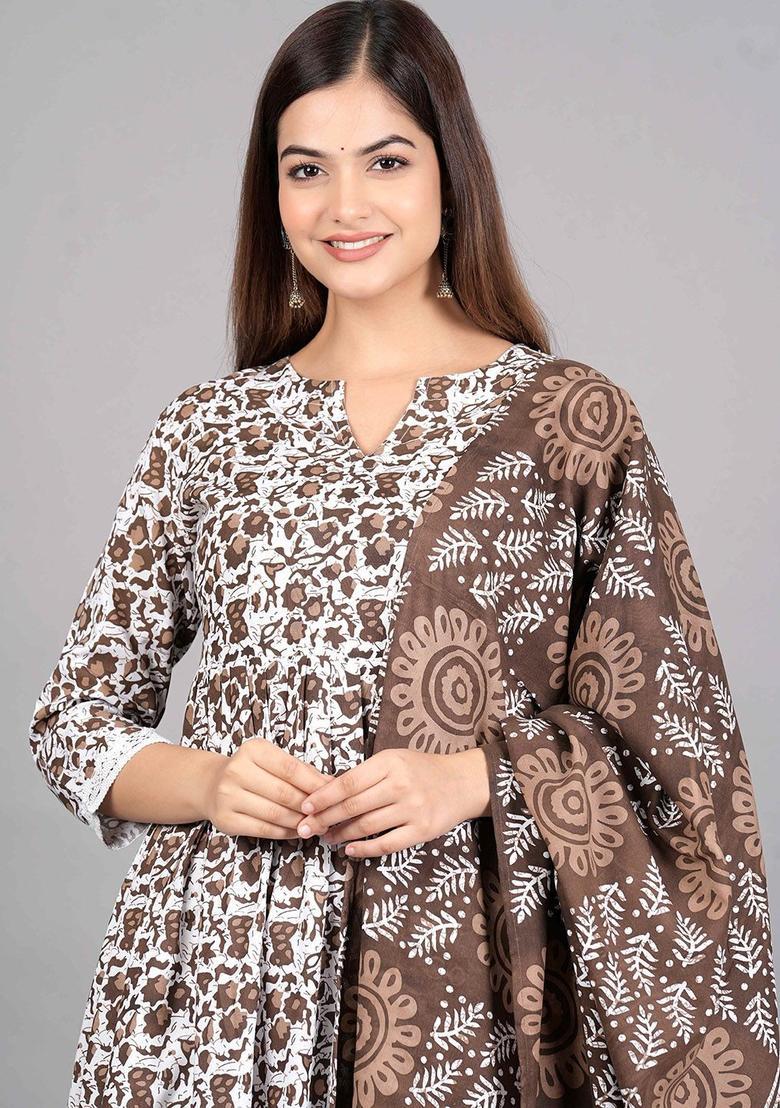 Coffee Brown Printed Viscose Kurta Set - Indya