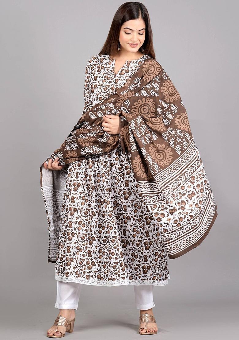 Coffee Brown Printed Viscose Kurta Set - Indya