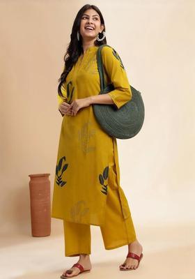 Mustard Printed Cotton Kurta Set