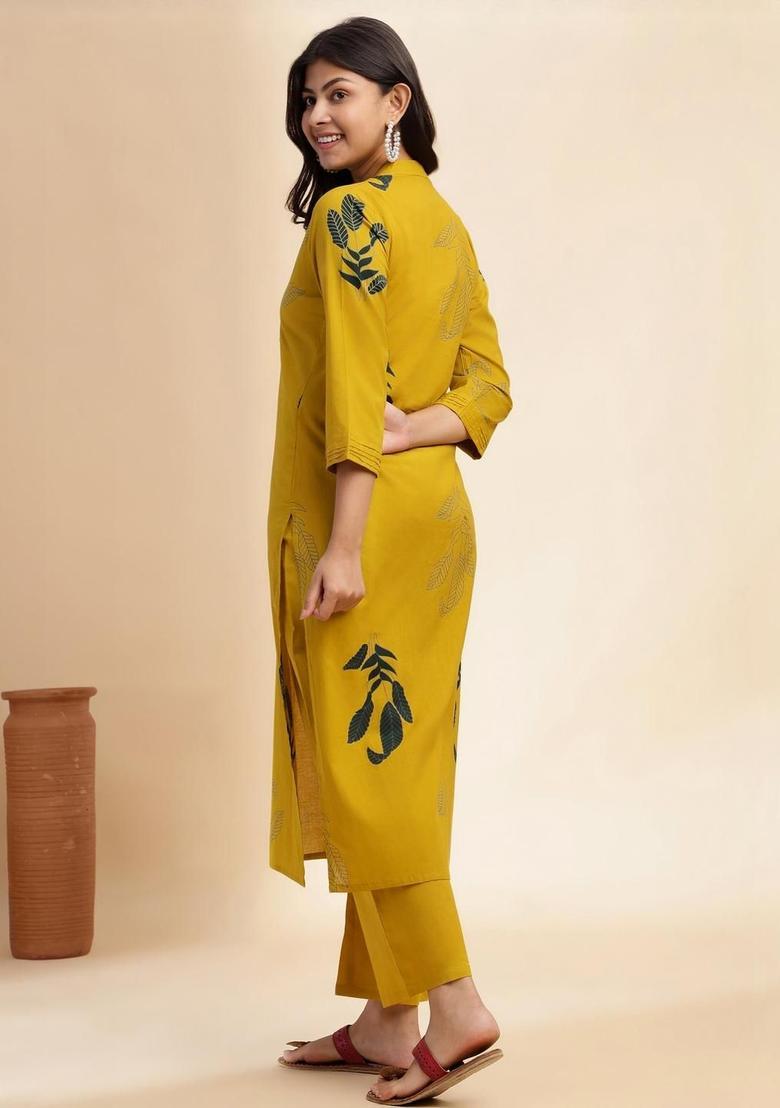 Mustard Printed Cotton Kurta Set - Indya