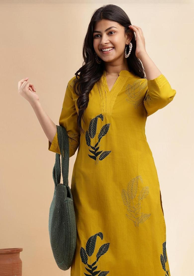 Mustard Printed Cotton Kurta Set - Indya