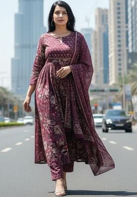 Purple Printed Viscose Kurta Set