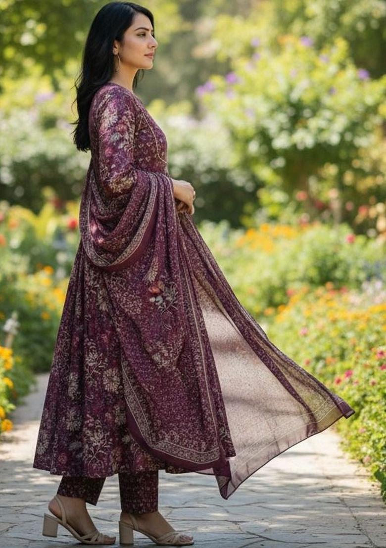 Purple Printed Viscose Kurta Set - Indya