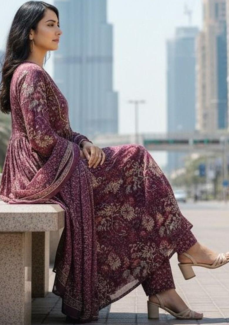 Purple Printed Viscose Kurta Set - Indya
