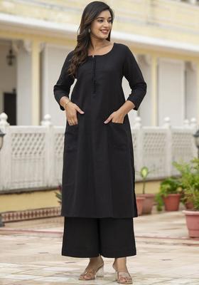 Black Solid Cotton Kurta Set