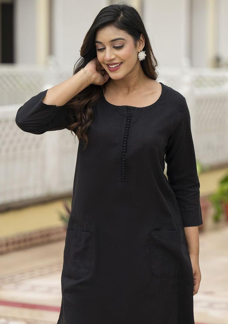 Black Solid Cotton Kurta Set - Indya