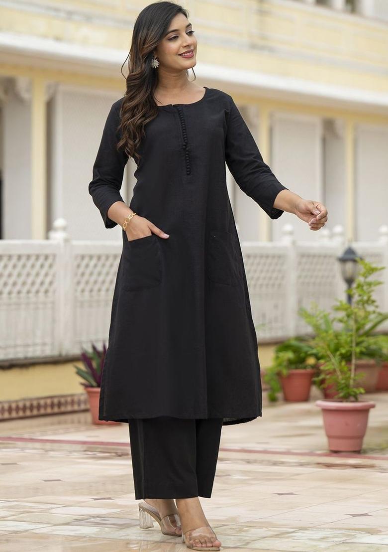 Black Solid Cotton Kurta Set - Indya