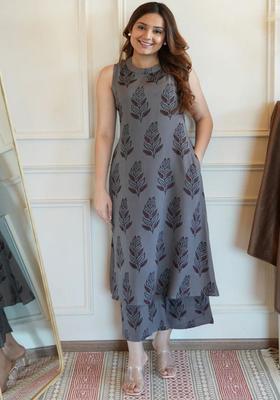 Grey Printed Viscose Kurta Set