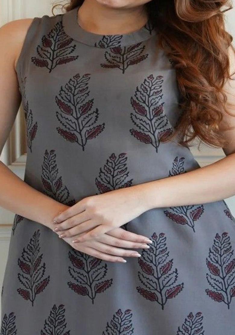 Grey Printed Viscose Kurta Set - Indya