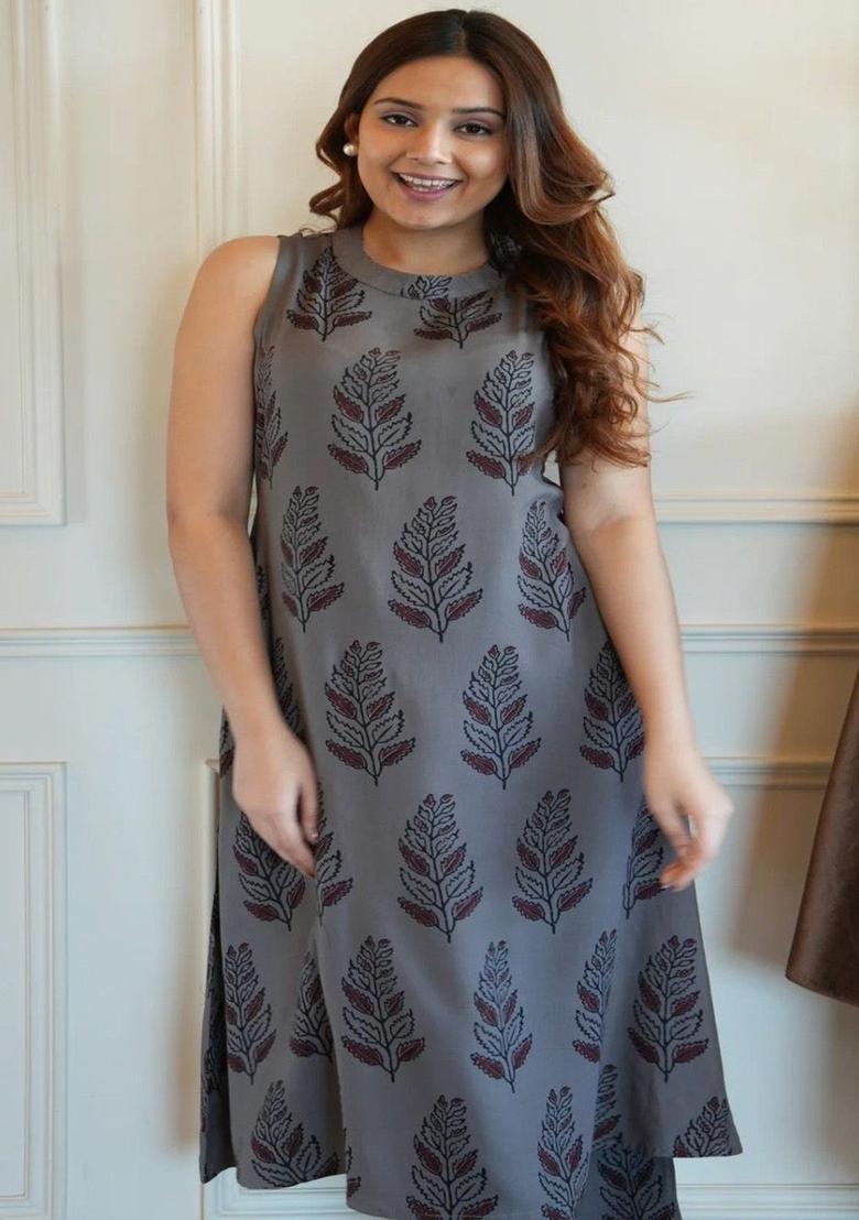 Grey Printed Viscose Kurta Set - Indya