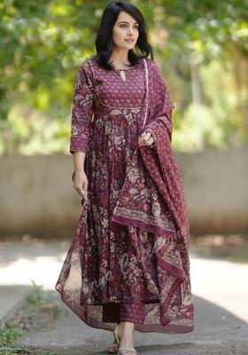 Maroon Printed Viscose Kurta Set