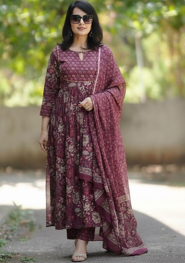 Maroon Printed Viscose Kurta Set - Indya