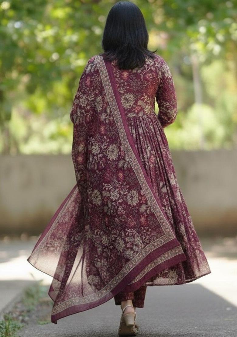 Maroon Printed Viscose Kurta Set - Indya