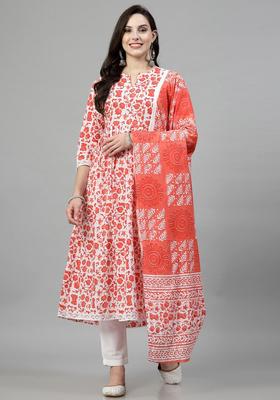 Orange Printed Cotton Kurta Set