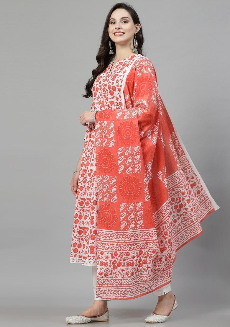 Orange Printed Cotton Kurta Set - Indya