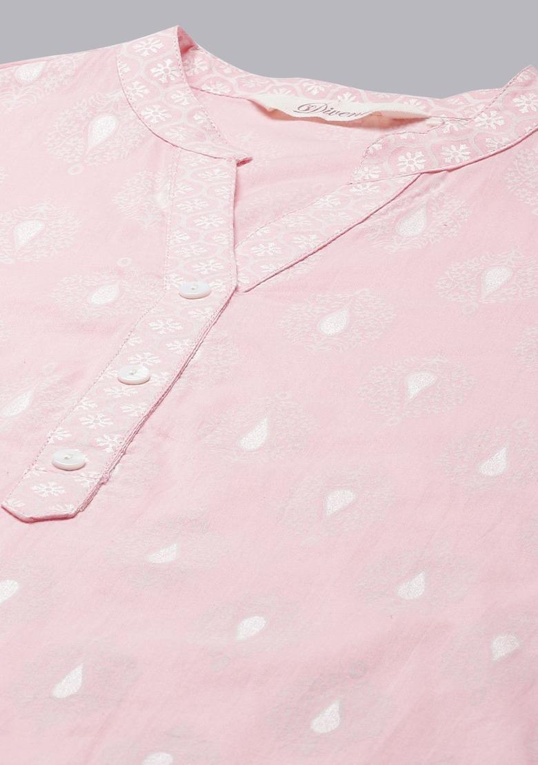 Pink Printed Cotton Kurta Set - Indya