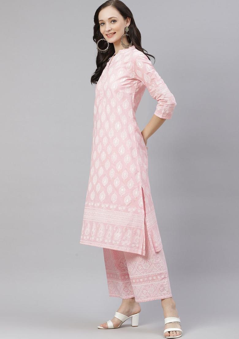 Pink Printed Cotton Kurta Set - Indya