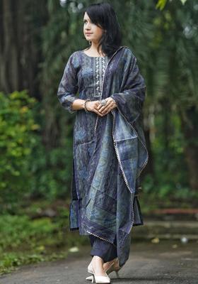 Blue Embroidered Viscose Kurta Set