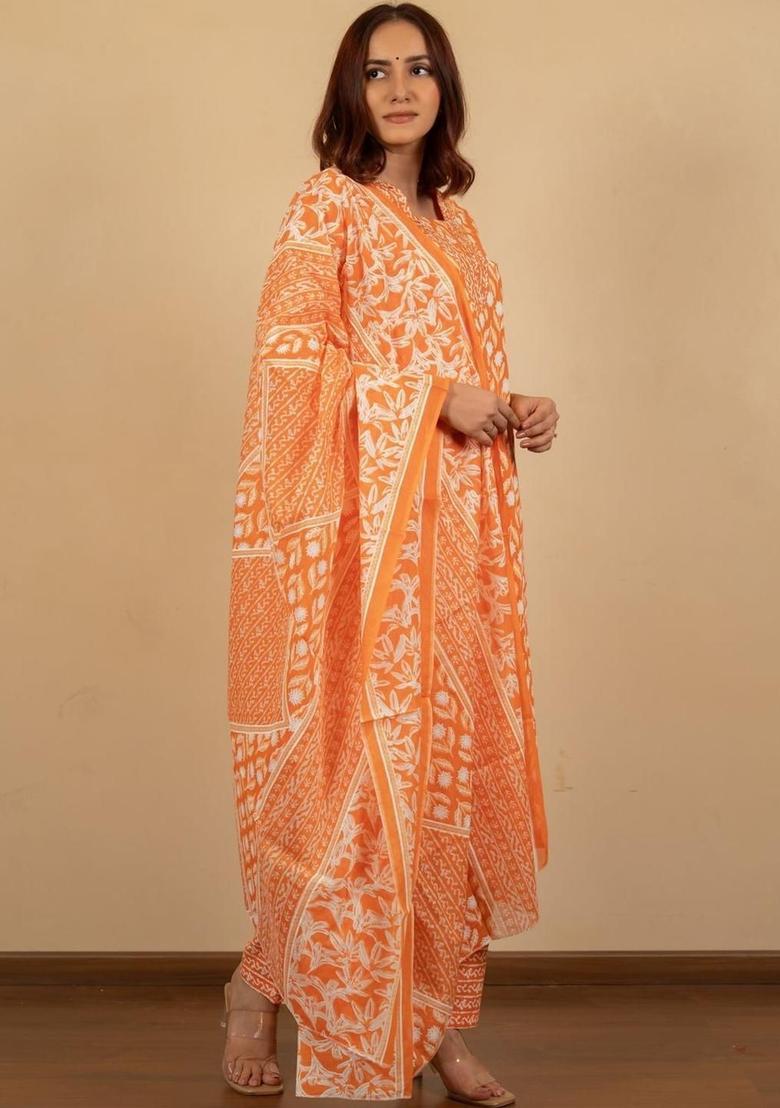 Orange Printed Cotton Kurta Set - Indya