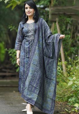 Navy Blue Printed Viscose Kurta Set