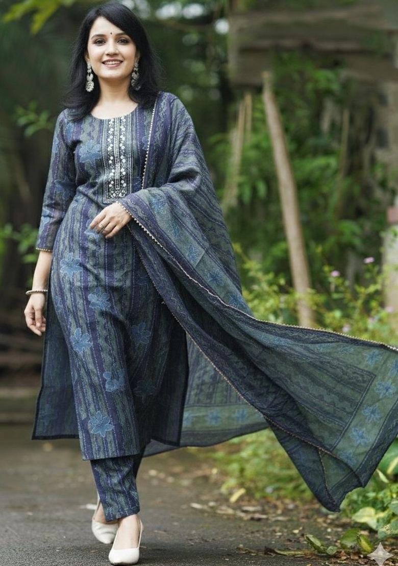 Navy Blue Printed Viscose Kurta Set - Indya