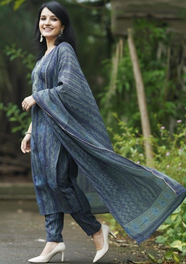 Navy Blue Printed Viscose Kurta Set - Indya