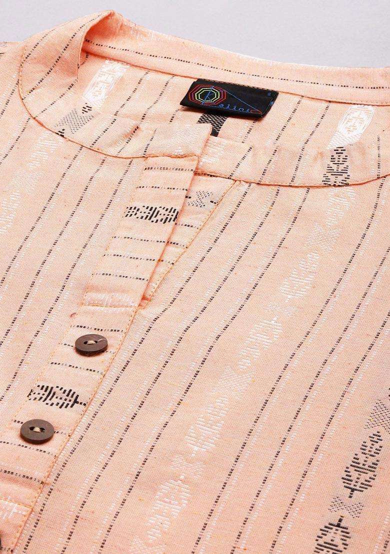 Peach Woven Design Cotton Kurta Set - Indya