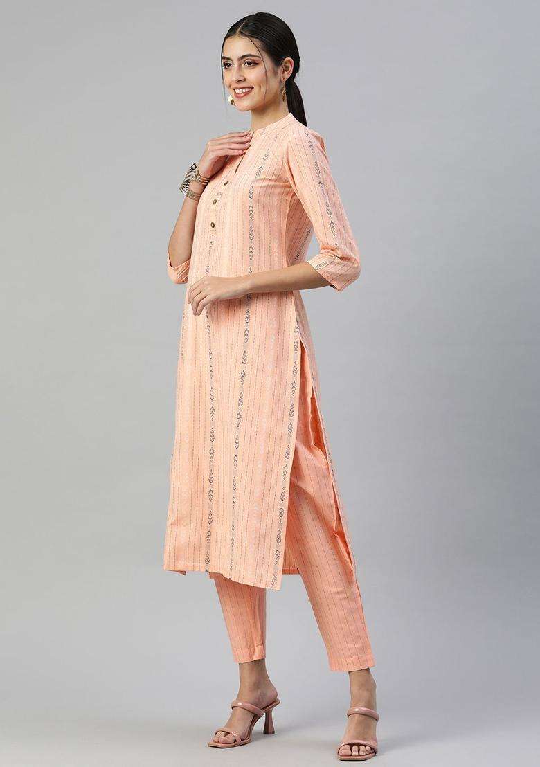 Peach Woven Design Cotton Kurta Set - Indya