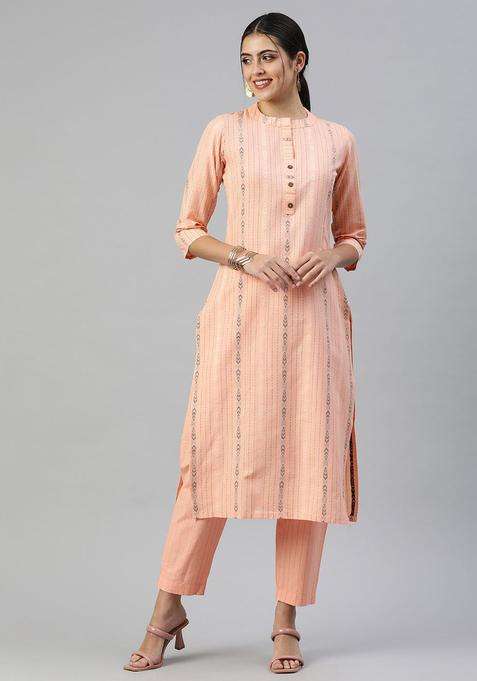 Peach Woven Design Cotton Kurta Set