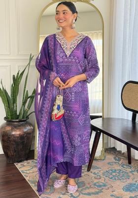 Purple Embroidered Viscose Kurta Set