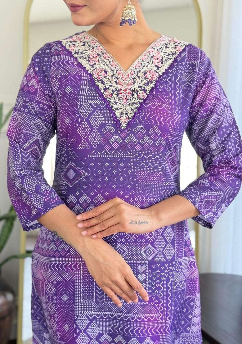 Purple Embroidered Viscose Kurta Set - Indya