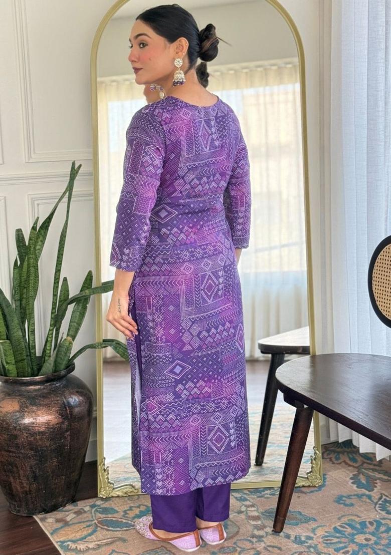 Purple Embroidered Viscose Kurta Set - Indya