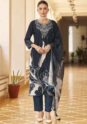 Navy Blue Embroidered Cotton Kurta Set